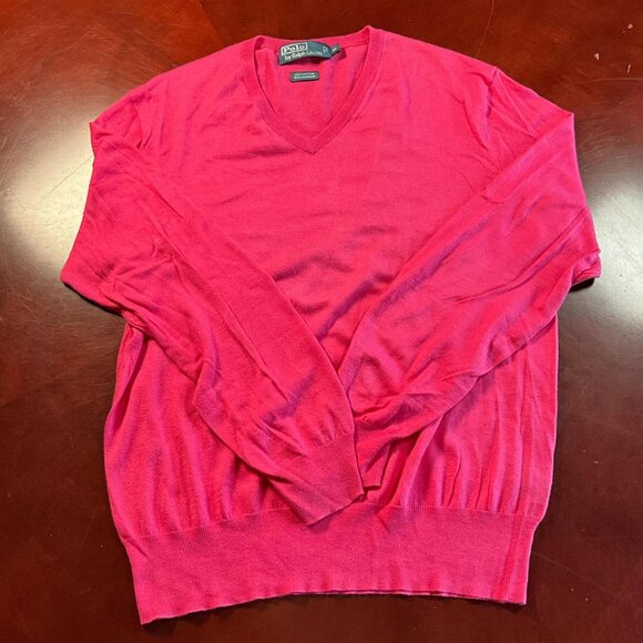 VTG Mens Polo Ralph Lauren Hot Pink Cashmere Cotton Knit VNeck Sweater (Medium) - Picture 2 of 8